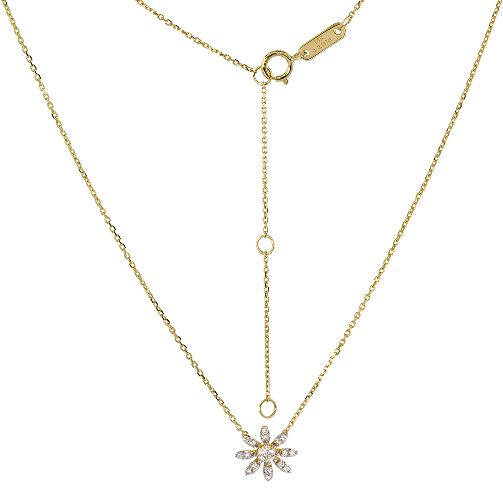 TINY 14K YELLOW GOLD DIAMOND DAISY FLOWER NECKLACE 16-18 INCH 0.16 CTTW