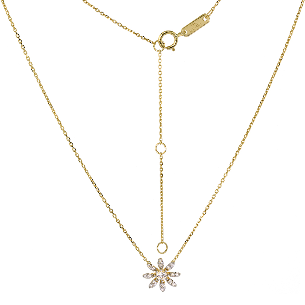 Tiny 14k Yellow Gold Diamond Daisy Flower Necklace 16-18 inch 0.16 cttw