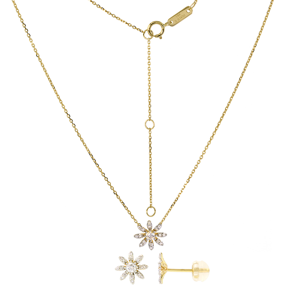 Tiny 14k Yellow Gold Diamond Daisy Flower Earrings Necklace Set 0.58 cttw