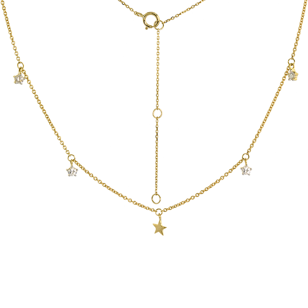 DAINTY 14K YELLOW GOLD DANGLING STAR NECKLACE GENUINE DIAMONDS 16-18 INCH