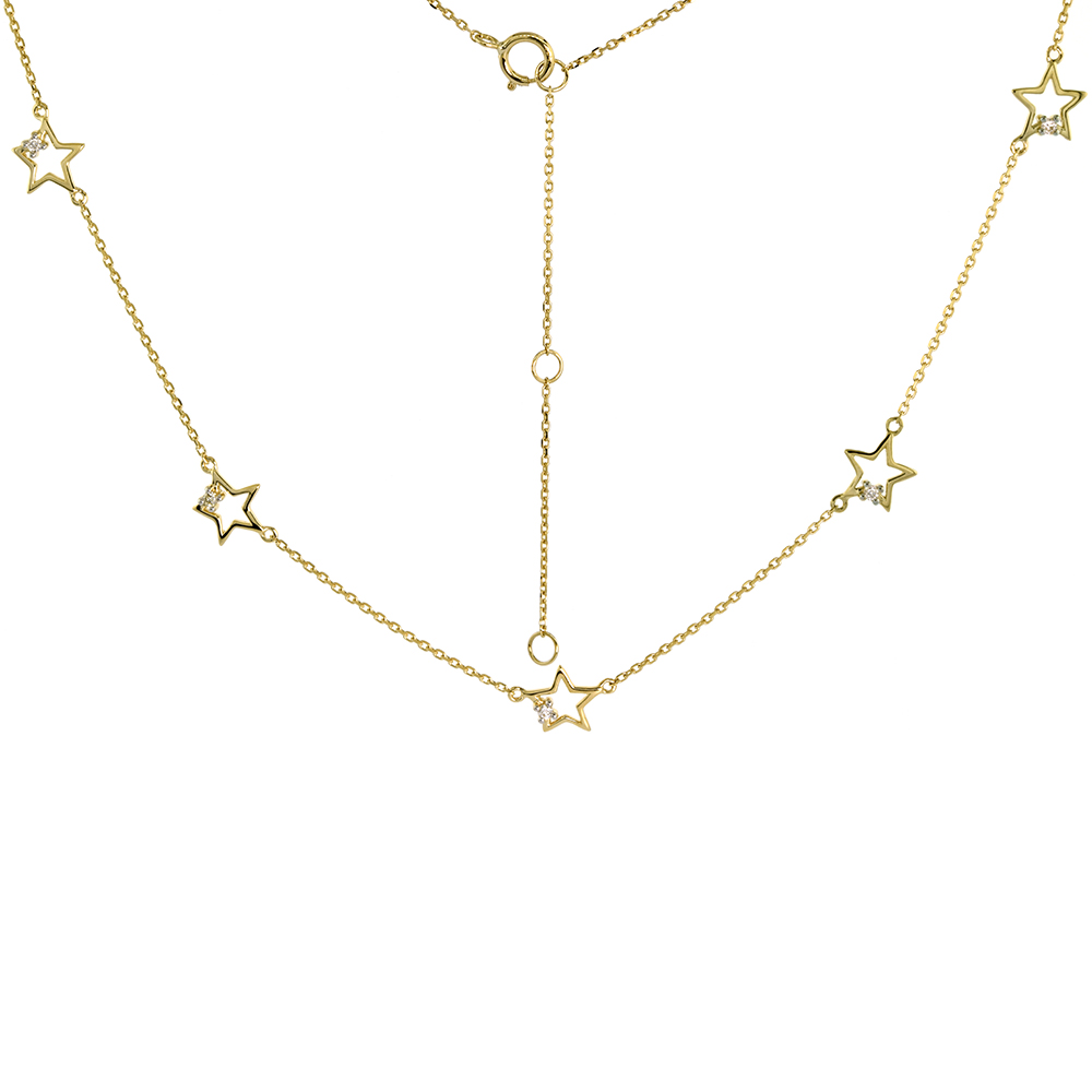 DAINTY 14K YELLOW GOLD DIAMOND STAR STATION NECKLACE 16-18 INCH
