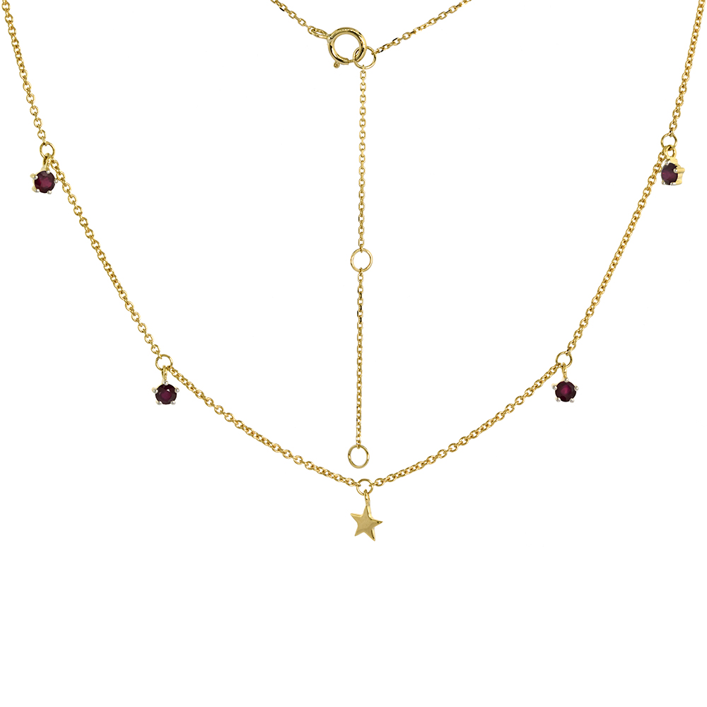 Dainty 14k Yellow Gold Dangling Star Necklace Genuine Ruby 16-18 inch