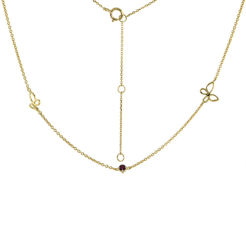 Dainty 14k Yellow Gold Genuine Ruby & Butterfly Station Necklace 16-18 inch