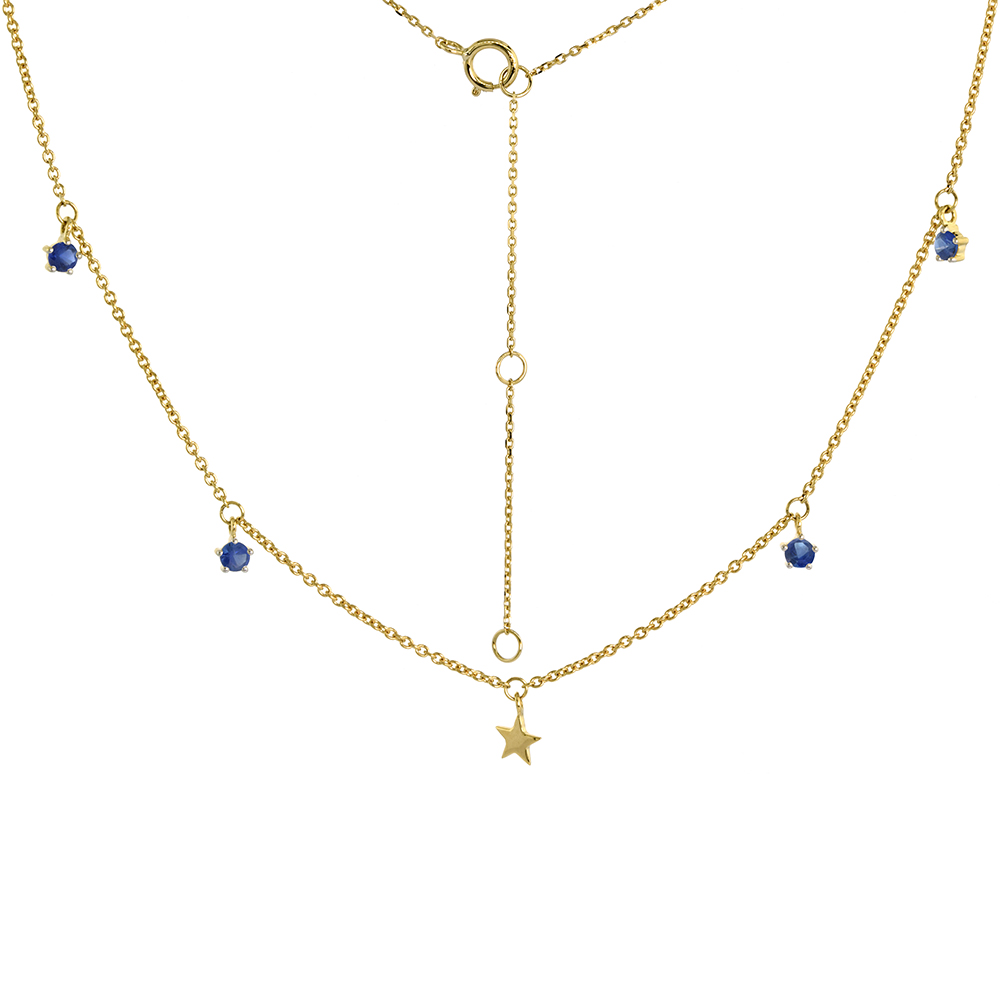Dainty 14k Yellow Gold Dangling Star Necklace Genuine Blue Sapphire 16-18 inch