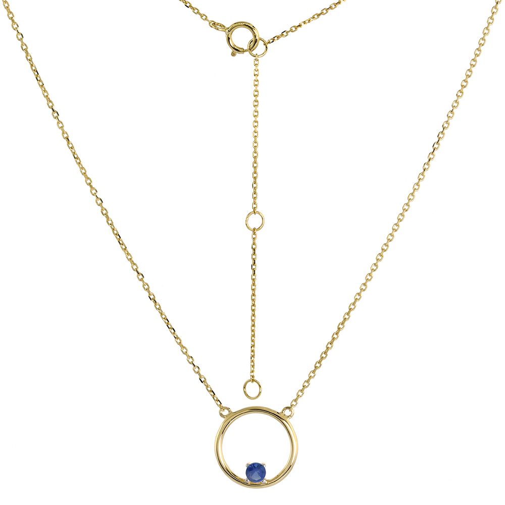 14k Yellow Gold Open Circle Necklace Karma Circle of Life Genuine Blue Sapphire 16-18 inch