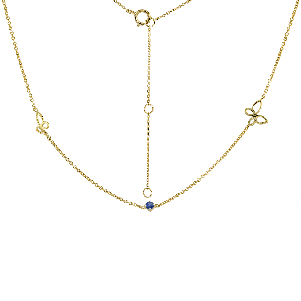 Dainty 14k Yellow Gold Genuine Blue Sapphire &amp; Butterfly Station Necklace 16-18 inch