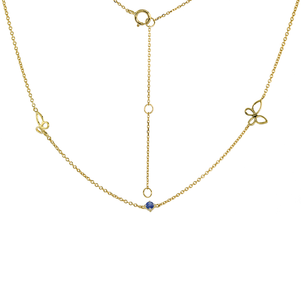 DAINTY 14K YELLOW GOLD GENUINE BLUE SAPPHIRE & BUTTERFLY STATION NECKLACE 16-18 INCH