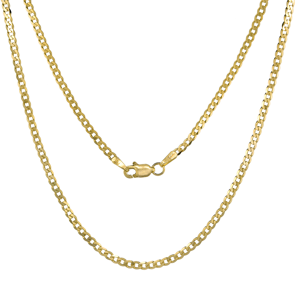 Yellow 14k Gold 2.5 mm Cuban Link Curb Chain Necklaces and Bracelets for Women and Men Concaved Beveled Edges 16-26 inch