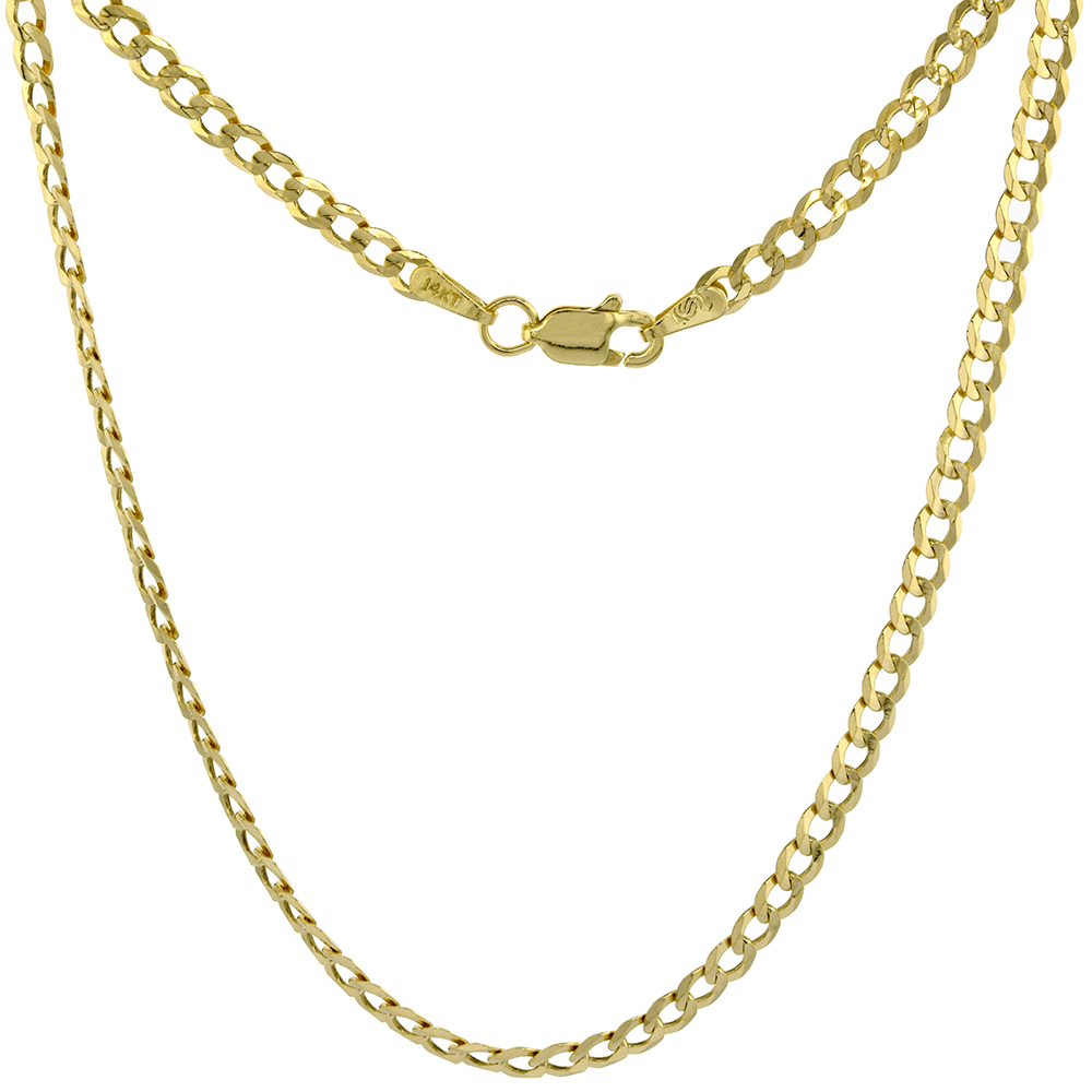 Yellow 14k Gold 3mm Curb Link Chain Necklaces and Bracelets for Men and Women Concaved Center Beveled Edges 7-30 inch