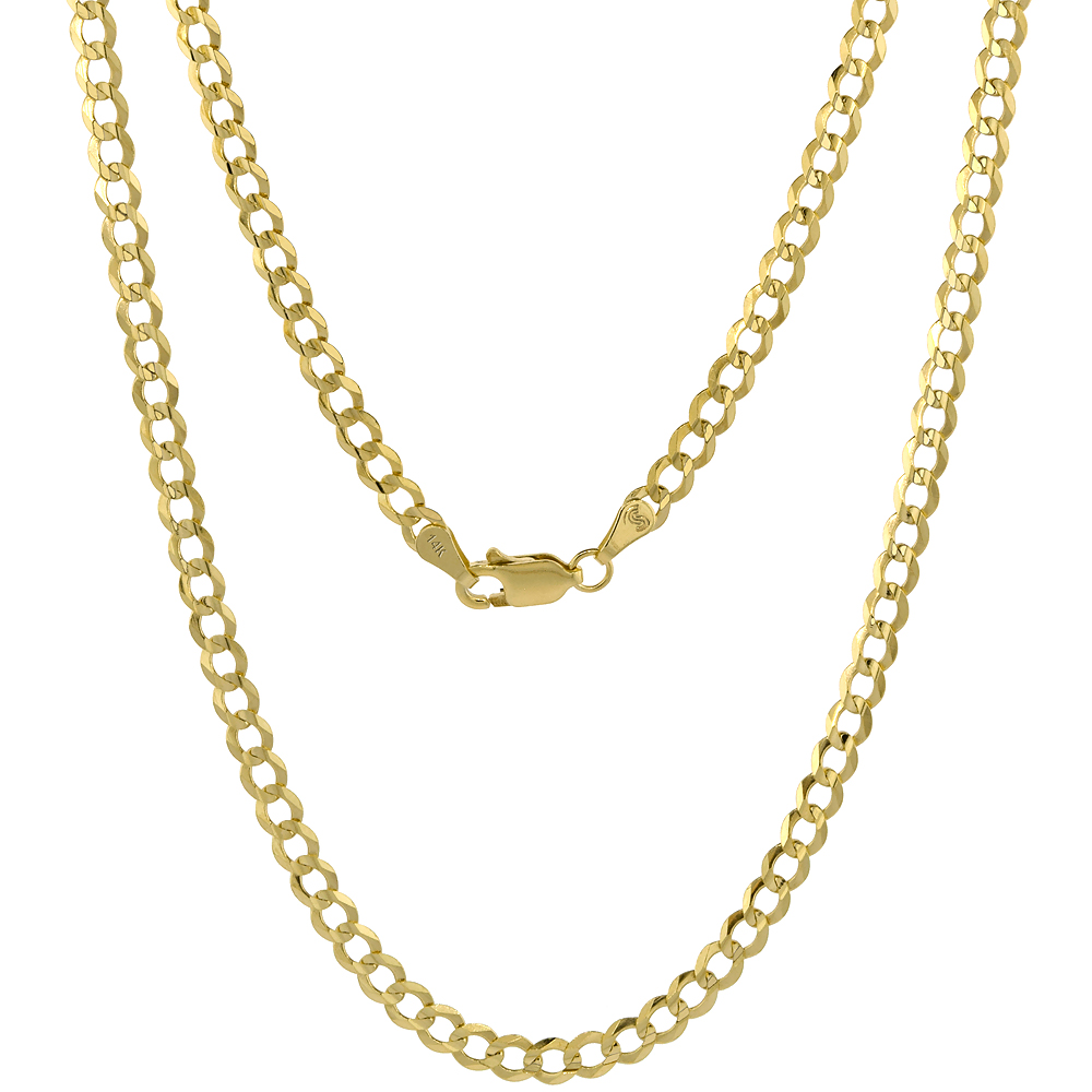 Yellow 14k Gold 4mm Curb Link Chain Necklaces and Bracelets for Men and Women Concaved Center Beveled Edges 7-28 inch