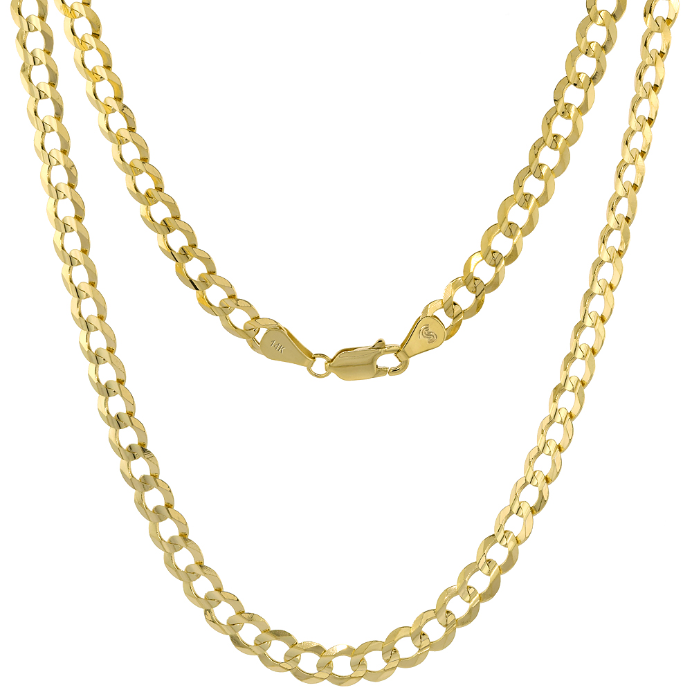 YELLOW 14K GOLD 5.5MM CUBAN LINK CURB CHAIN NECKLACES AND BRACELETS FOR MEN AND WOMEN CONCAVED CENTER BEVELED EDGES 20-30 INCH