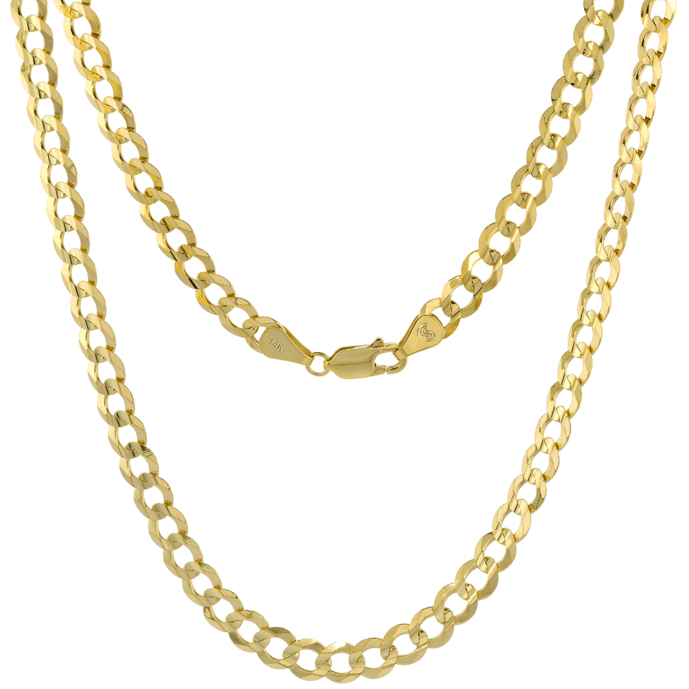 14K Solid Yellow Gold CURB Chain Necklace Concave 2.3 - 12.25 mm Nickel Free, 16 - 30 inches long