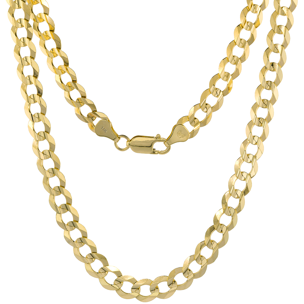 Yellow 14k Gold 7.5mm Curb Link Chain Necklace for Men and Women Concaved Center Beveled Edges 20-30 inch