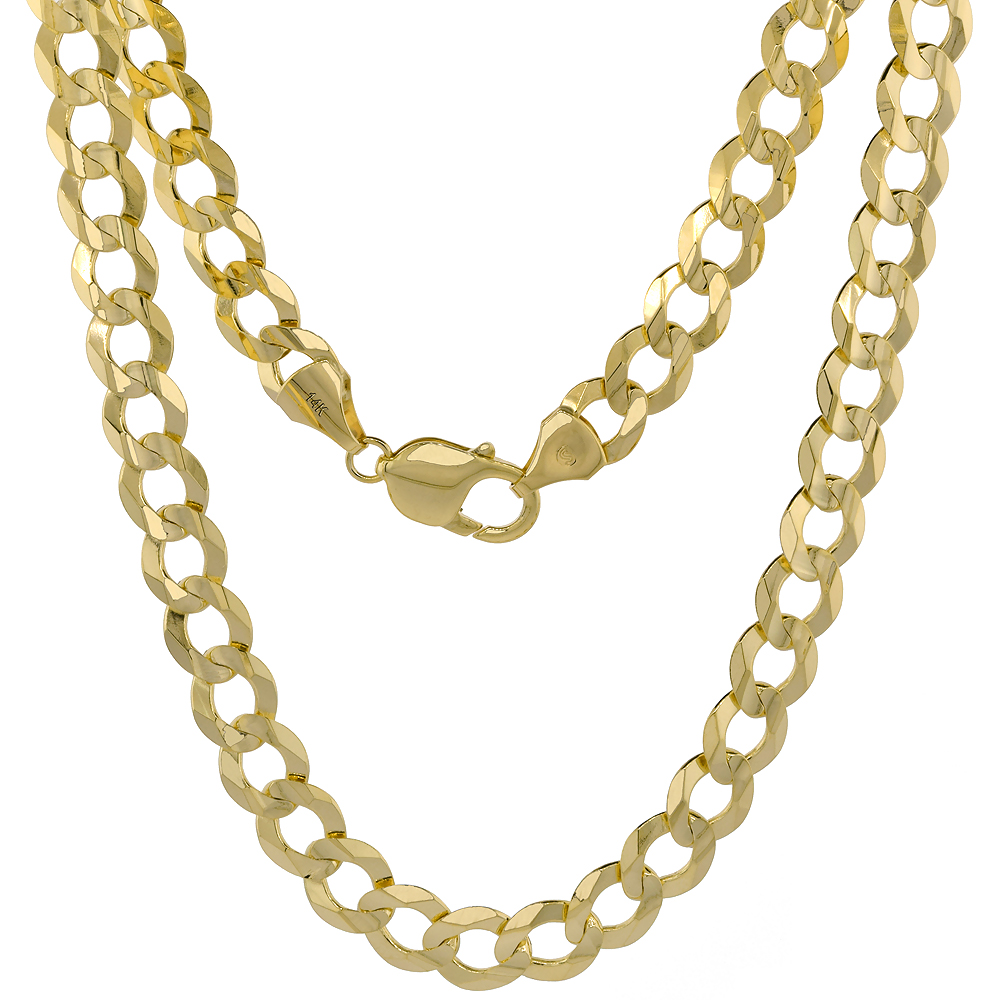Yellow 14k Gold 9.5mm Curb Link Chain Necklace for Men and Women Concaved Center Beveled Edges 8-30 inch