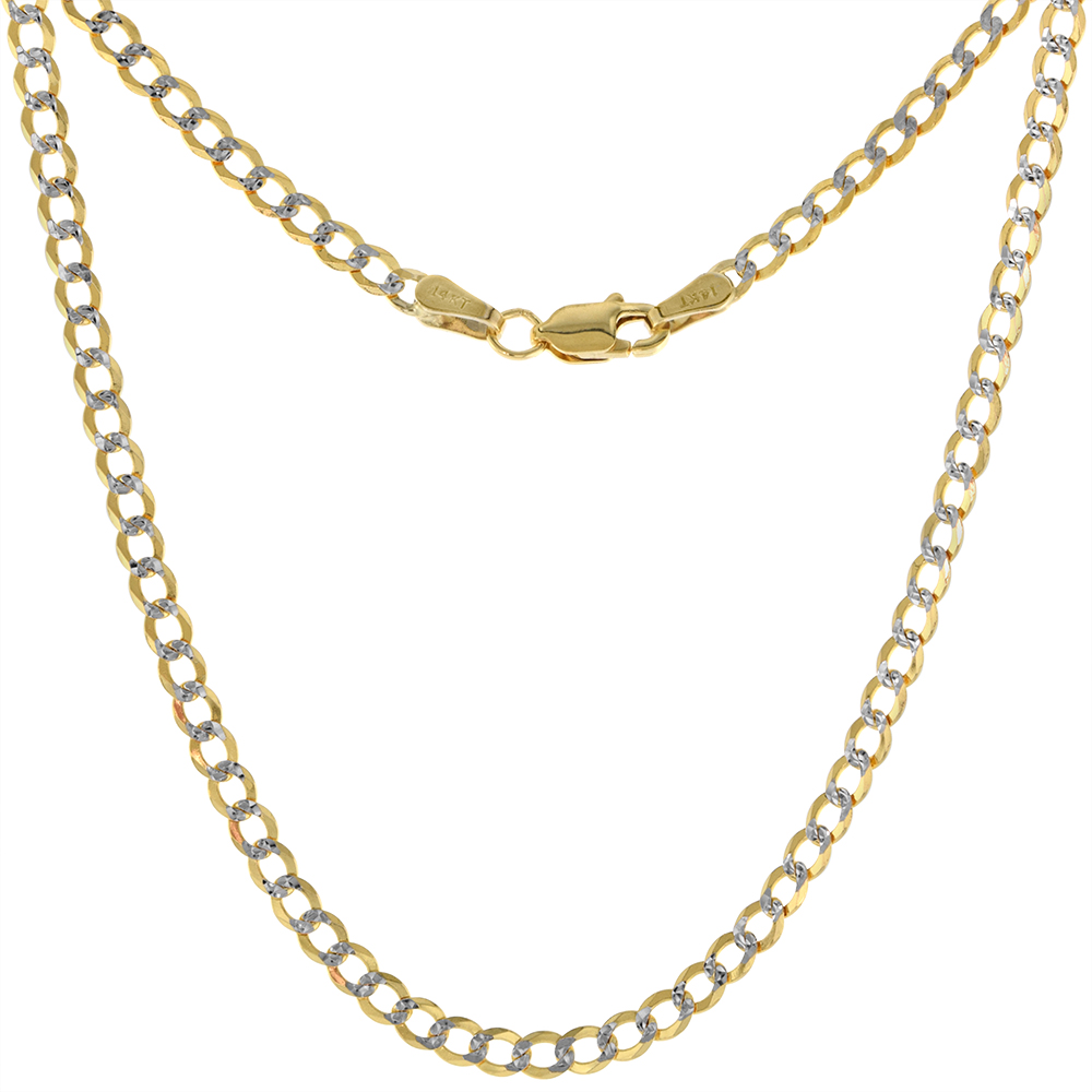 Solid 14k Yellow Gold 3mm Pave Curb Link Chain Necklace &amp; Bracelet for Women Lobster Clasp High Polish 7-26 inch