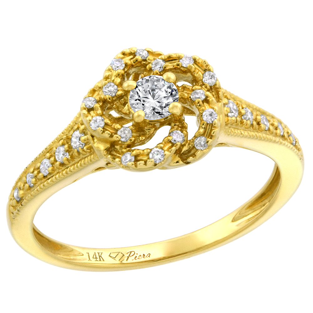 14k Yellow Gold Genuine Diamond & Color Gem Swirl Engagement Ring Round Brilliant cut 3mm, size 5-10