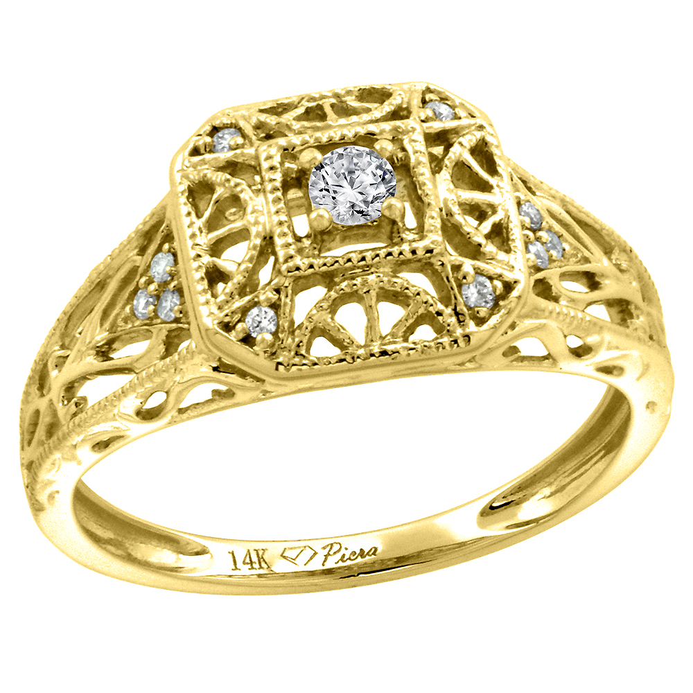 14k Yellow Gold Genuine Diamond &amp; Color Gem Engagement Ring Filigree Round Brilliant cut, size 5-10