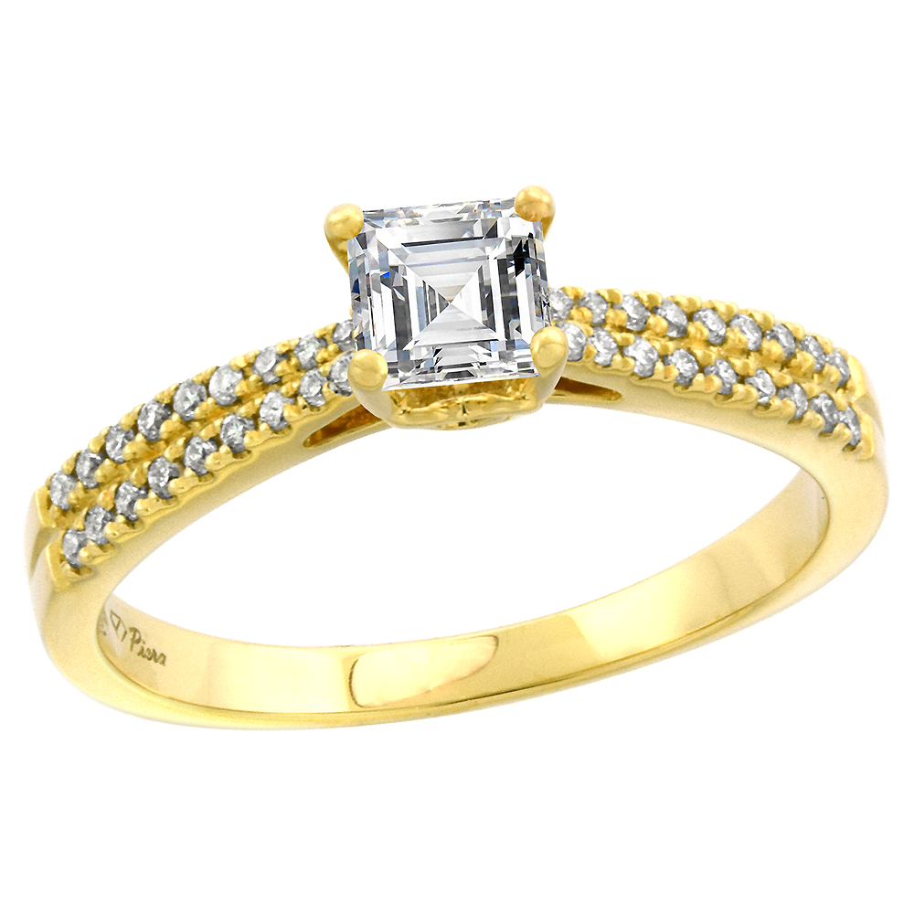 14k Yellow Gold Genuine Diamond &amp; Color Gem Engagement Ring 0.16 cttw Princess cut 5x5mm, size 5-10