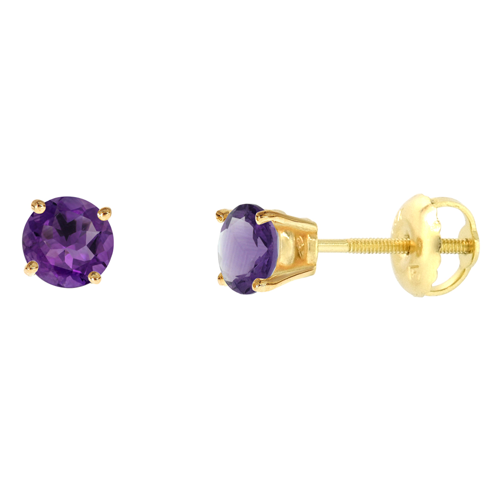4mm 14k Yellow Gold Natural Amethyst Stud Earrings Screw Back Round 0.5 cttw/pr