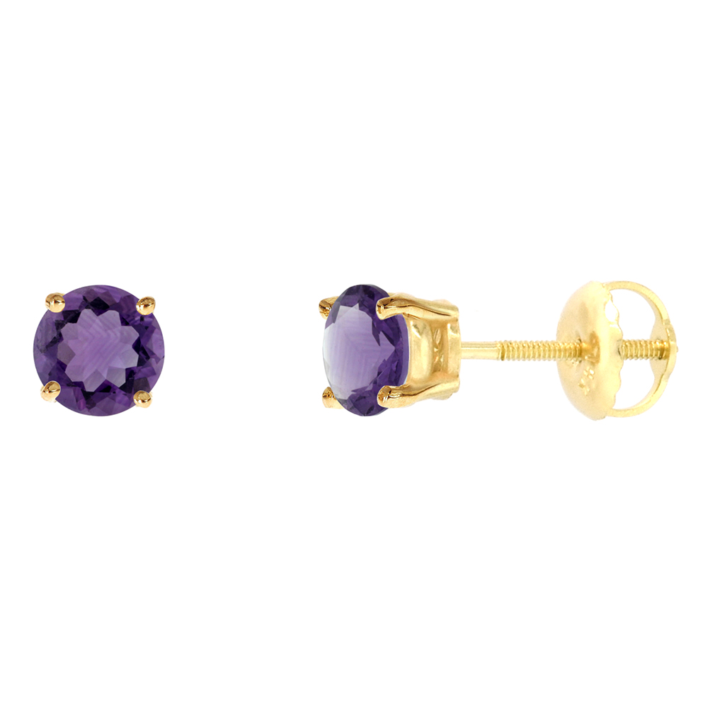 5mm 14k Yellow Gold Natural Amethyst Stud Earrings Screw Back Round 1 cttw/pr