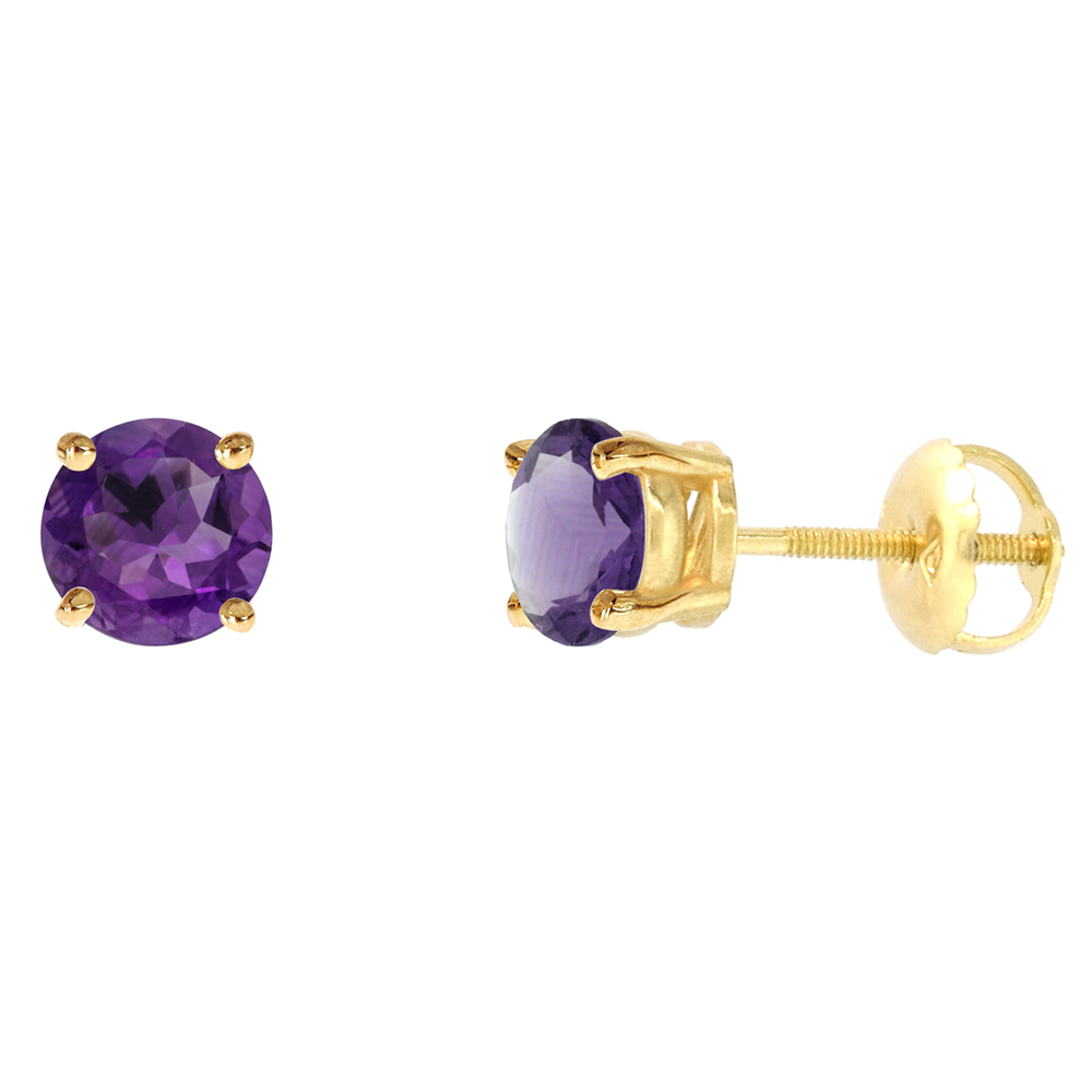 6mm 14k Yellow Gold Natural Amethyst Stud Earrings Screw Back Round 2 cttw/pr