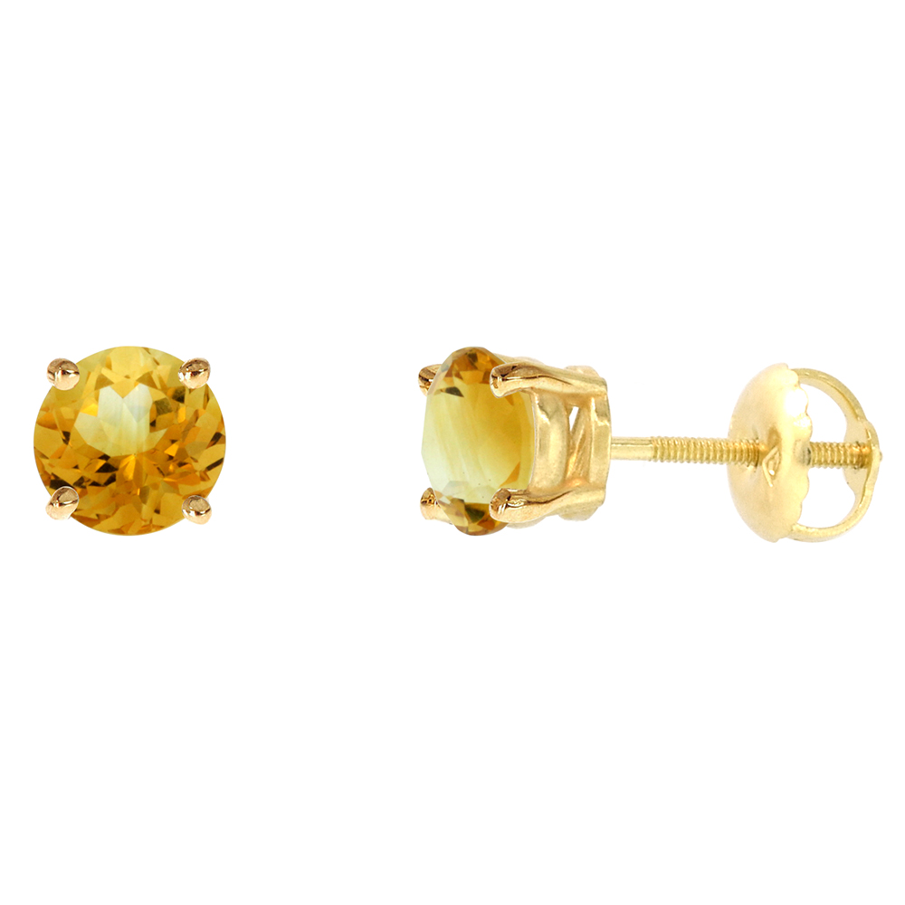 6mm 14k Yellow Gold Natural Citrine Stud Earrings Screw Back Round 2 cttw/pr