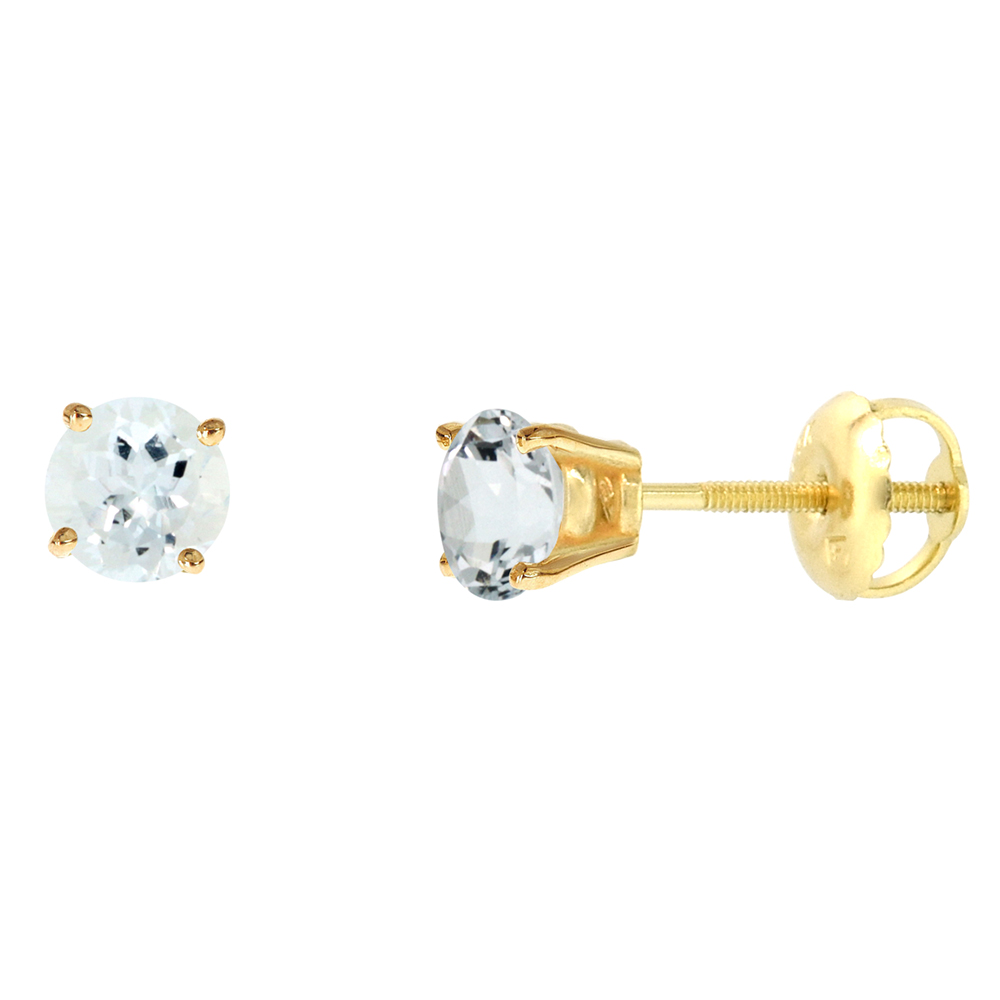 4MM 14K YELLOW GOLD NATURAL AQUAMARINE STUD EARRINGS SCREW BACK ROUND 0.5 CTTW/PR