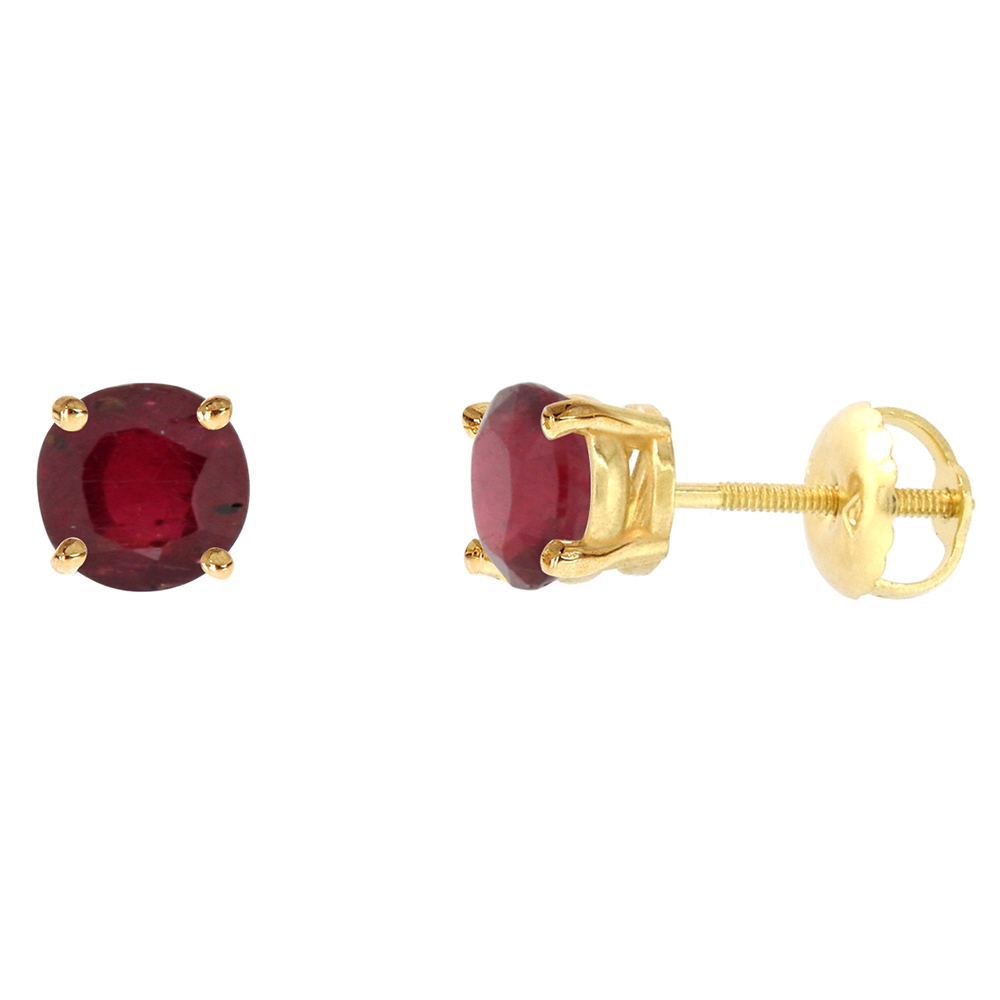 6mm 14k Yellow Gold Enhanced Genuine Ruby Stud Earrings Screw Back Round 2 cttw/pr