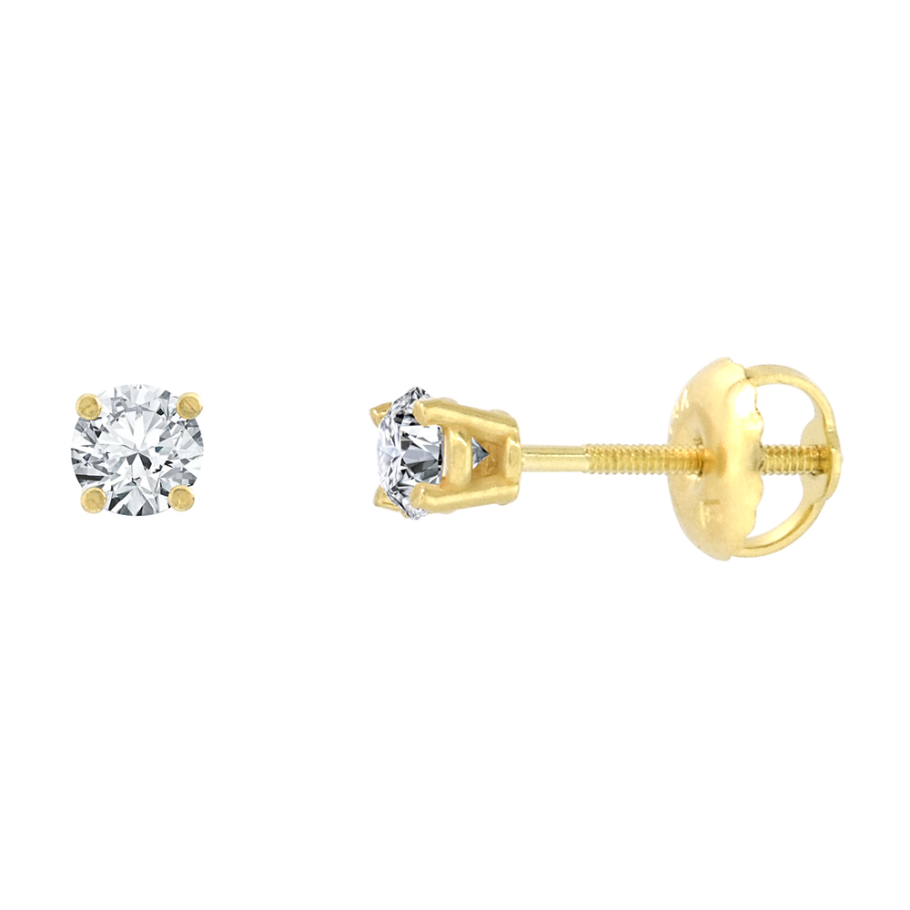 2.75MM 14K YELLOW GOLD DIAMOND STUD EARRINGS SCREW BACK 4 PRONG BRILLIANT CUT 0.18 CT /PAIR