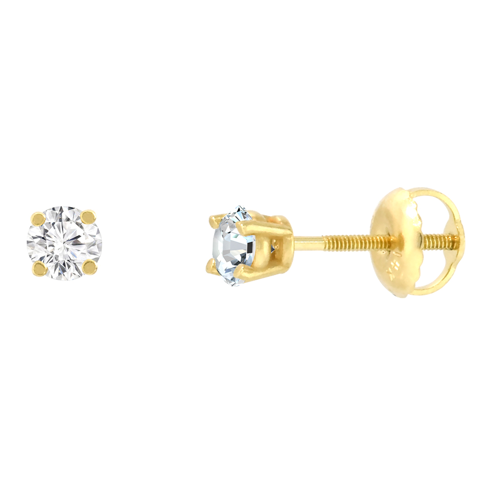 3MM 14K YELLOW GOLD DIAMOND STUD EARRINGS SCREW BACK 4 PRONG BRILLIANT CUT 0.22 CT /PAIR