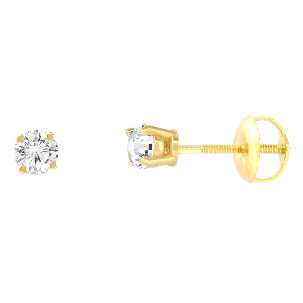 3.25MM 14K YELLOW GOLD DIAMOND STUD EARRINGS SCREW BACK 4 PRONG BRILLIANT CUT 0.28 CT /PAIR