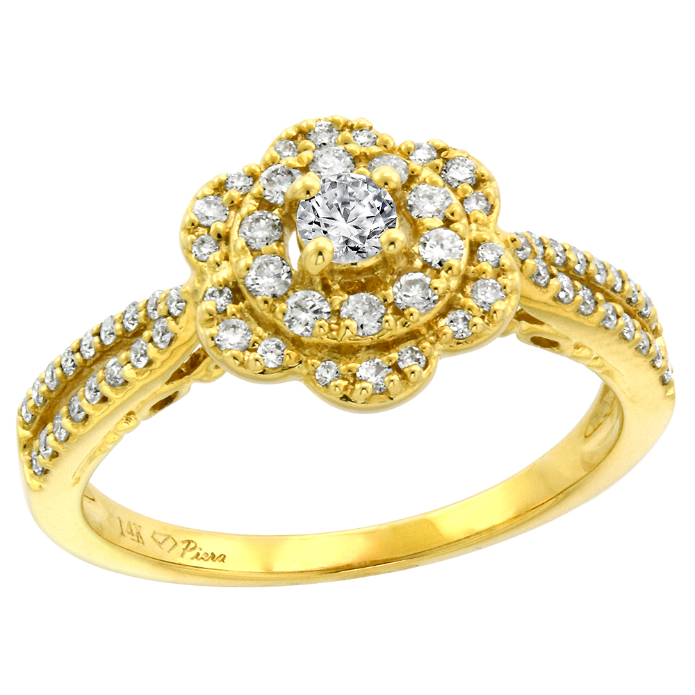 14K Yellow Gold Genuine Diamond &amp; Color Gem Flower Halo Engagement Ring Round Brilliant cut 3mm, size 5-10