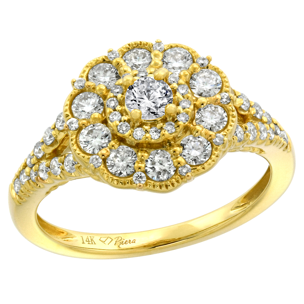 14k Yellow Gold Genuine Diamond &amp; Color Gem Flower Halo Engagement Ring Round Brilliant cut 3mm, size 5-10