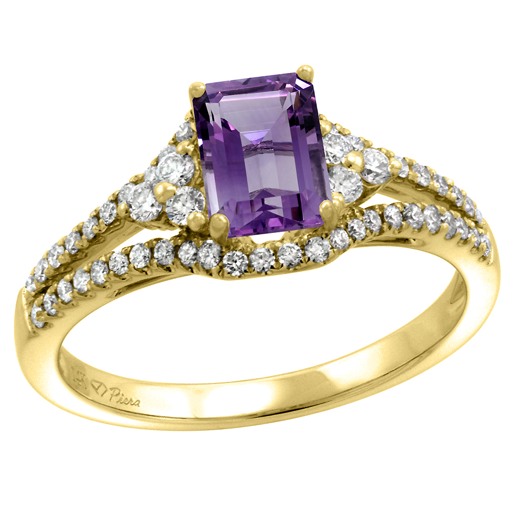 14k Yellow Gold Diamond Halo &amp; Color Gem Engagement Ring Split Shank 0.42 cttw Octagon 7x5mm, size 5-10