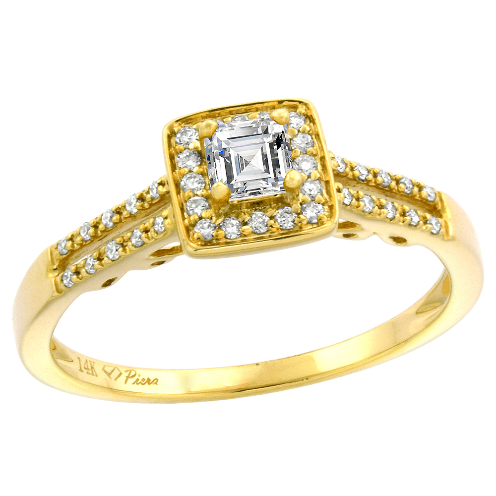 14k Yellow Gold Genuine Diamond Halo &amp; Color Gem Engagement Ring Split Shank Princess cut 4x4mm, size 5-10