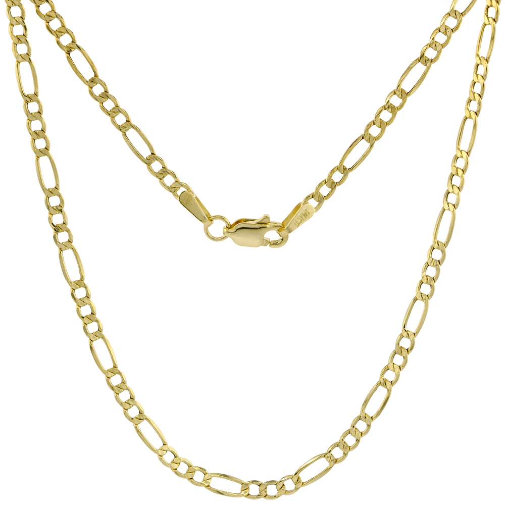 Hollow 14k Gold 2.5mm Figaro Link Chain Necklace for Men &amp; Women 7-24 inch long