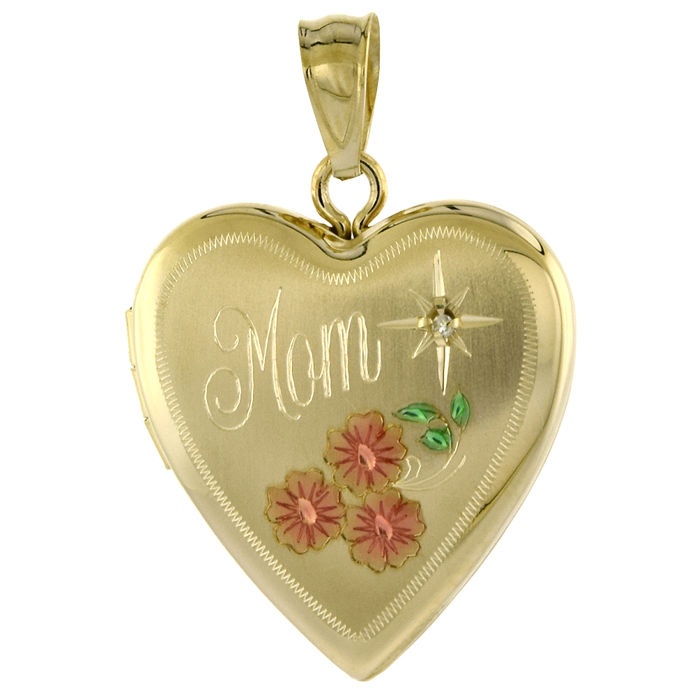 3/4-INCH 14K GOLD DIAMOND HEART MOM LOCKET PENDANT FOR WOMEN WITH RED FLOWERS, NO CHAIN