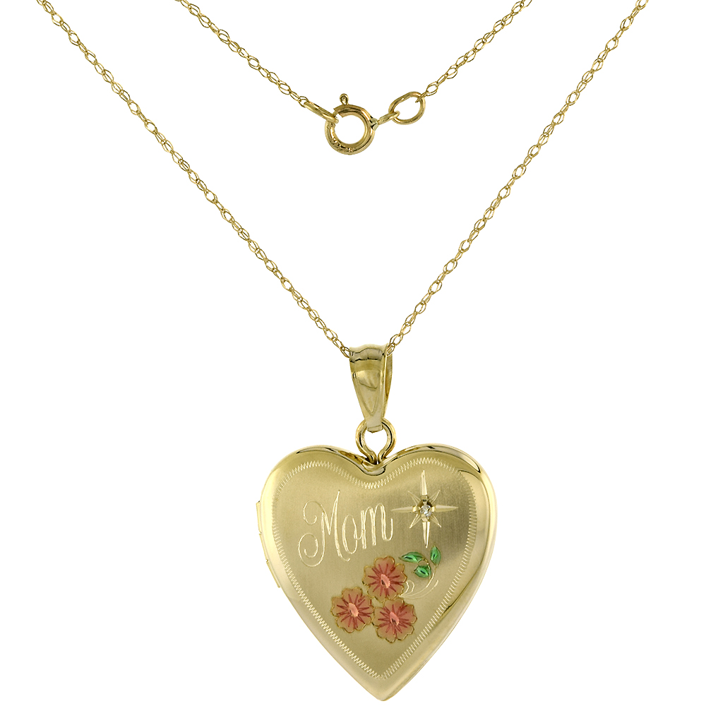 3/4-INCH 14K GOLD DIAMOND HEART MOM LOCKET NECKLACE FOR WOMEN WITH RED FLOWERS