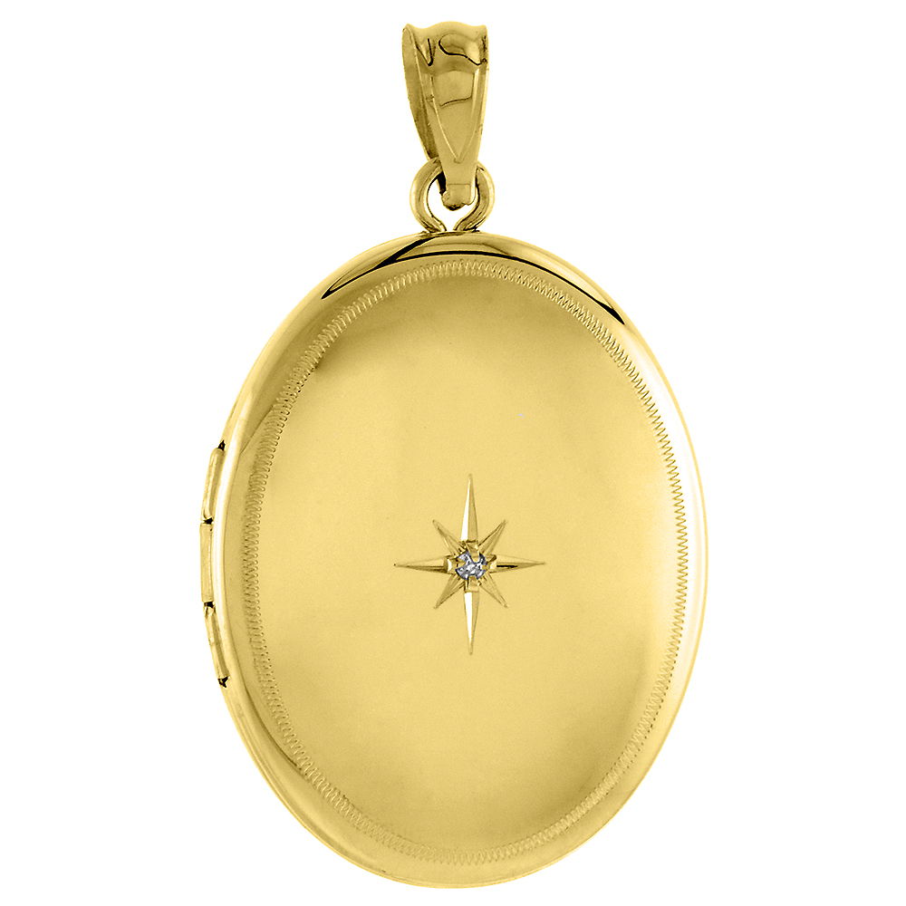 3/4-INCH 14K GOLD DIAMOND OVAL LOCKET PENDANT FOR WOMEN STARBURST SET POLISHED FINISH, NO CHAIN