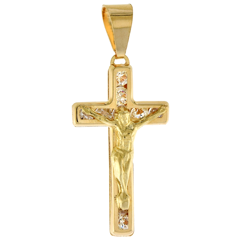 7/8 INCH (22MM) TALL GENUINE 14K YELLOW GOLD CUBIC ZIRCONIA CRUCIFIX PENDANT FOR WOMEN & MEN NO CHAIN (NO CHAIN)