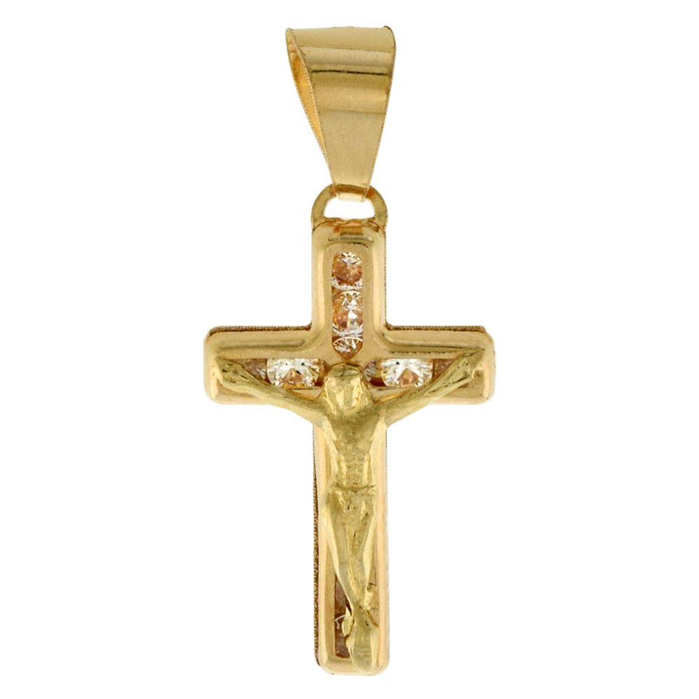 5/8 INCH (15MM) TALL GENUINE 14K YELLOW GOLD CUBIC ZIRCONIA CRUCIFIX PENDANT FOR WOMEN & MEN NO CHAIN (NO CHAIN)