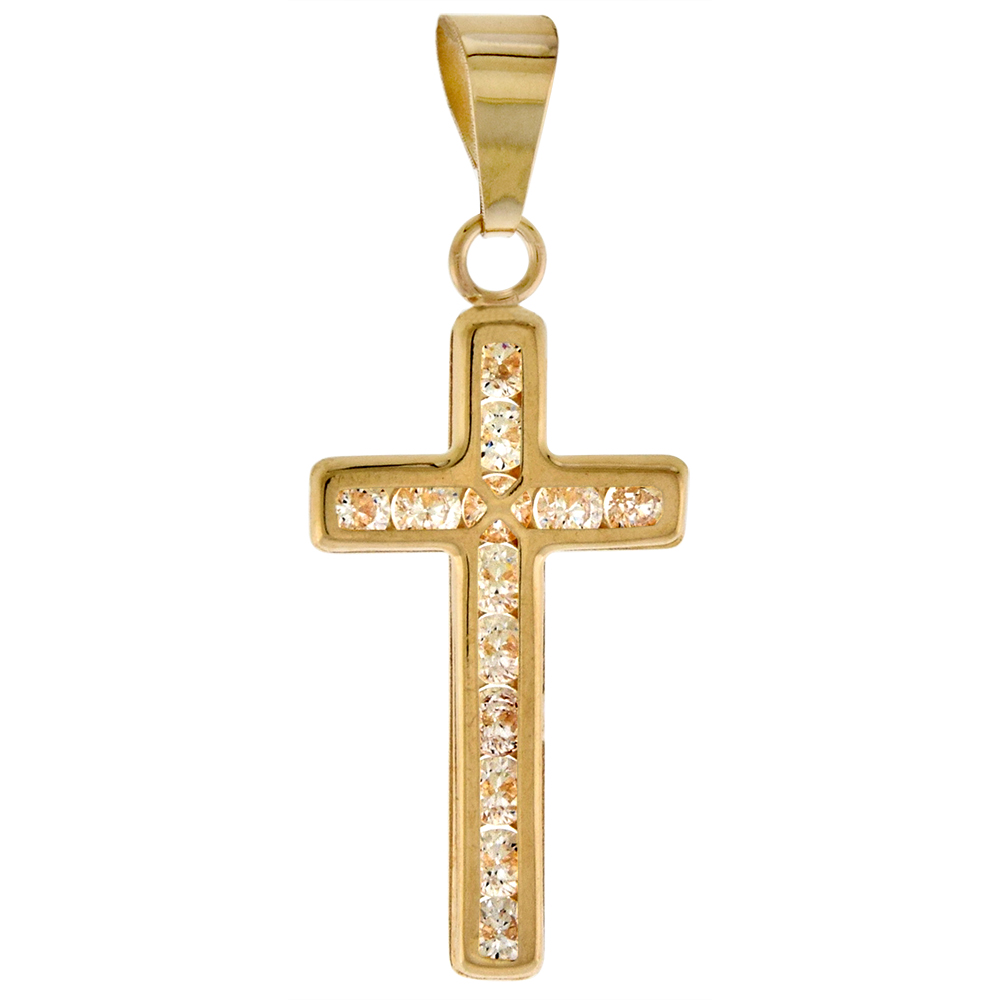 7/8 inch (22mm) tall Genuine 14K Yellow Gold Cubic Zirconia Cross Pendant for Women & Men NO Chain
