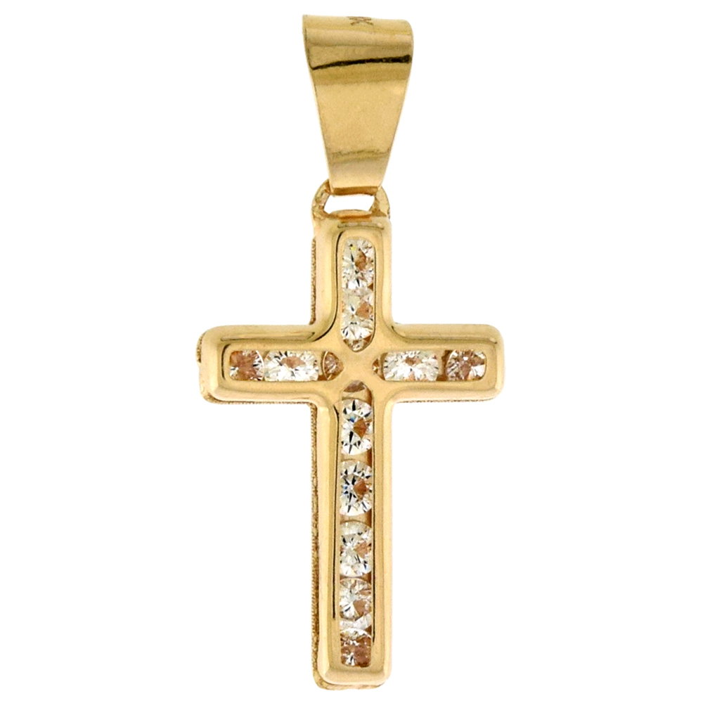 5/8 inch (15mm) tall Genuine 14K Yellow Gold Cubic Zirconia Cross Pendant for Women & Men NO Chain