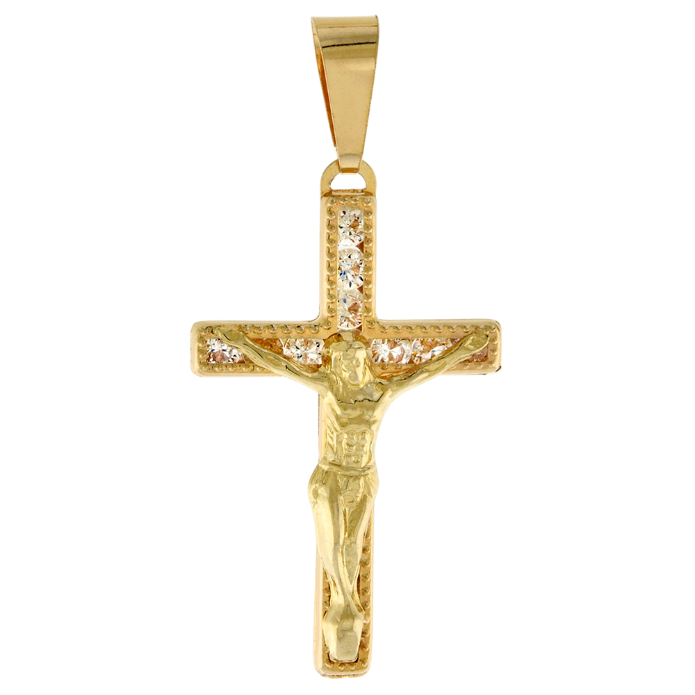 1 INCH (26MM) TALL GENUINE 14K YELLOW GOLD CUBIC ZIRCONIA CRUCIFIX PENDANT FOR WOMEN & MEN BEADED EDGES NO CHAIN