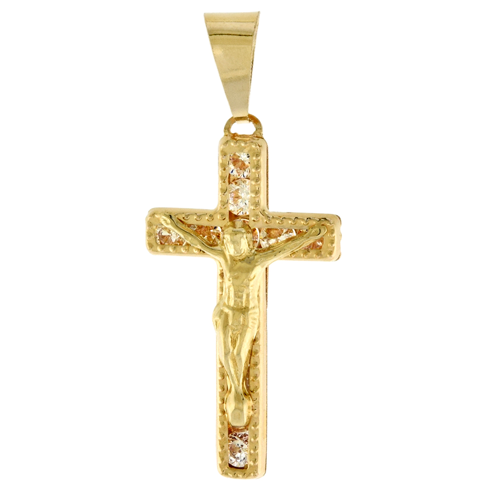 7/8 INCH (22MM) TALL GENUINE 14K YELLOW GOLD CUBIC ZIRCONIA CRUCIFIX PENDANT FOR WOMEN & MEN BEADED EDGES NO CHAIN (NO CHAIN)