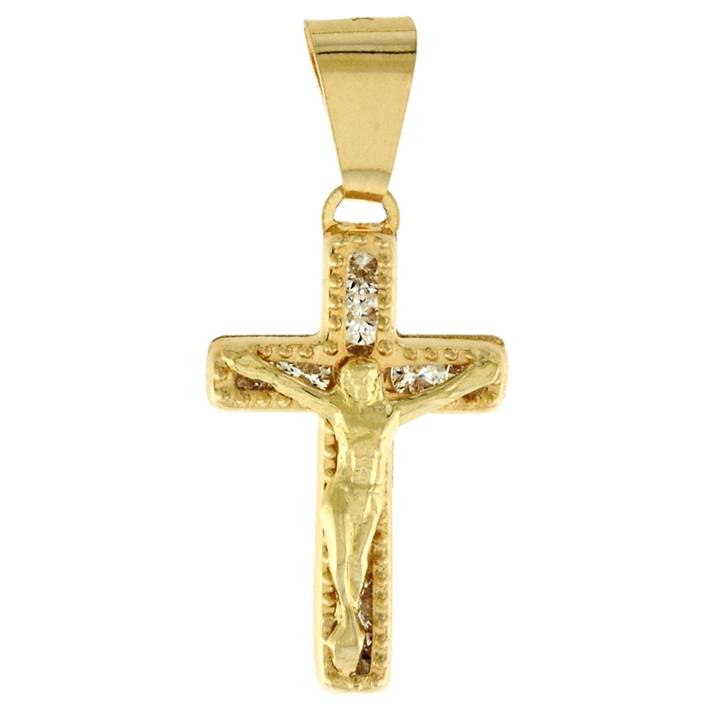 5/8 INCH (15MM) TALL GENUINE 14K YELLOW GOLD CUBIC ZIRCONIA CRUCIFIX PENDANT FOR WOMEN & MEN BEADED EDGES NO CHAIN (NO CHAIN)