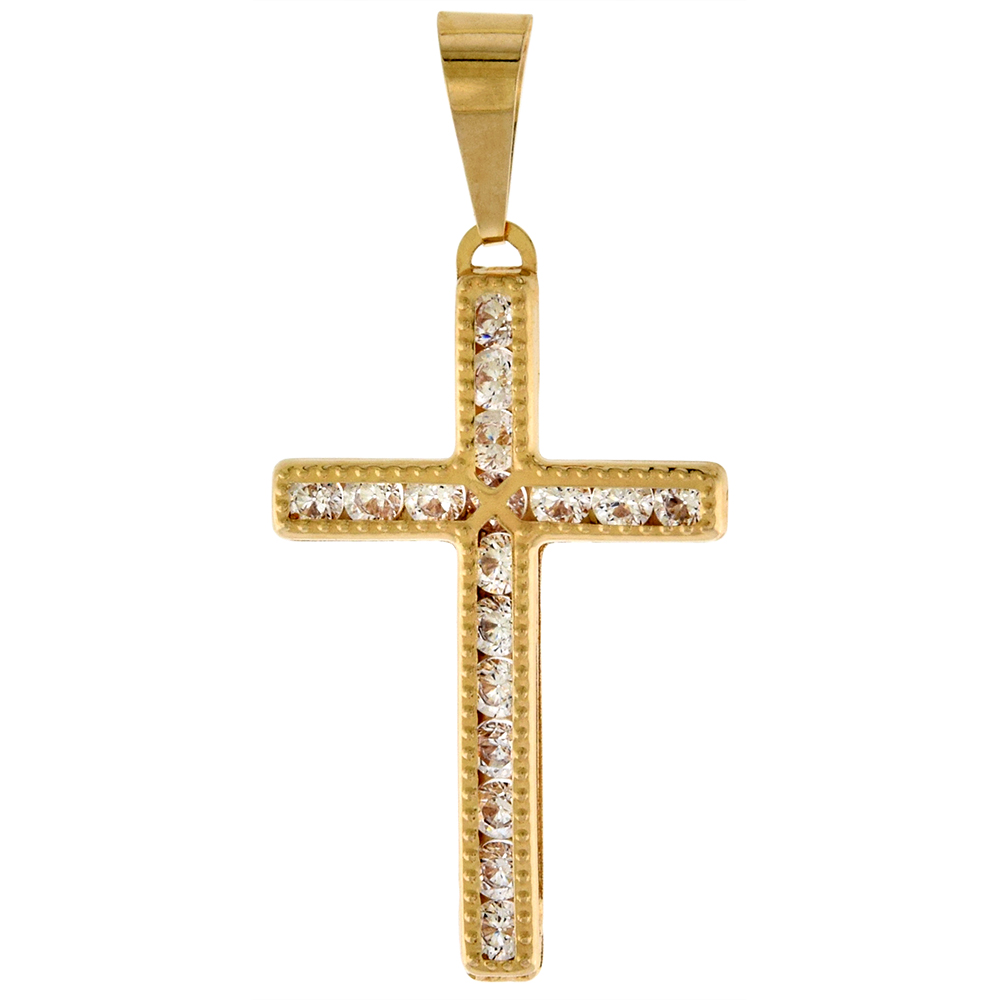 5/8 INCH (15MM) TALL GENUINE 14K YELLOW GOLD CUBIC ZIRCONIA CROSS PENDANT FOR WOMEN & MEN BEADED EDGES NO CHAIN