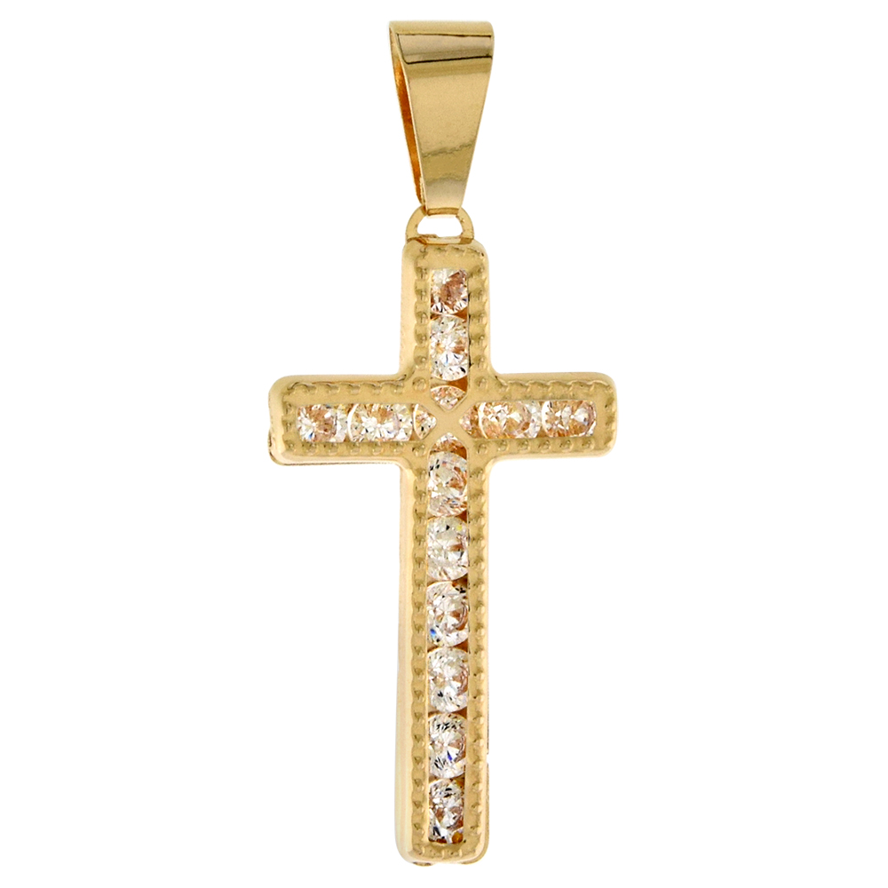 7/8 INCH (22MM) TALL GENUINE 14K YELLOW GOLD CUBIC ZIRCONIA CROSS PENDANT FOR WOMEN & MEN BEADED EDGES NO CHAIN (NO CHAIN)