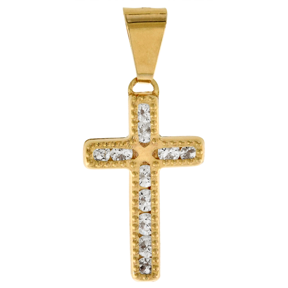 5/8 INCH (15MM) TALL GENUINE 14K YELLOW GOLD CUBIC ZIRCONIA CROSS PENDANT FOR WOMEN & MEN BEADED EDGES NO CHAIN (NO CHAIN)