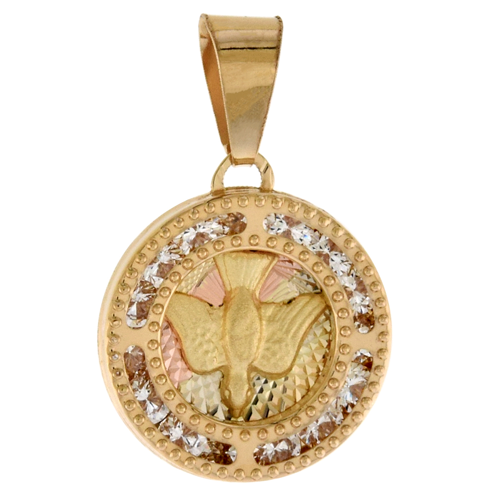 1/2 INCH (13MM) ROUND GENUINE 14K 3-COLOR GOLD CUBIC ZIRCONIA DESCENDING DOVE HOLY SPIRIT PENDANT FOR WOMEN & MEN DIAMOND CUT BACK NO CHAIN (NO CHAIN)